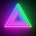 Neon glowing triangular shapes in vibrant green blue and pink colors create futuristic and dynamic visual effect on dark Royalty Free Stock Photo