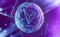 Neon glowing TRON TRX coin in Ultra Violet colors with cryptocurrency blockchain nodes in blurry background. 3D rendering