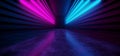 Neon Glowing Vibrant Sci Fi Futuristic Corridor Tunnel Purple Blue Pink Virtual Reality Dark Huge Hallway Entrance Concrete Grunge