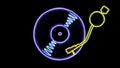 Neon glowing vinyl record spinning, tonearm black. Simple animated seamless loop