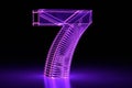 Neon glowing volumetric 3D number seven. Purple. Digital design. 3D render