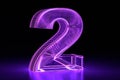 Neon glowing volumetric 3D number two. Purple. Digital design. 3D render Royalty Free Stock Photo