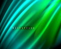 Neon glowing wave, magic energy and light motion background. Vector wallpaper template Royalty Free Stock Photo