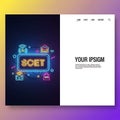Neon Electric Sign SCET Shopping Wifi Mail Icons on Dark Background, cyber monday, cyber monday shoping, black friday Royalty Free Stock Photo