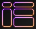 Neon gradient frames set, collection of purple-orange glowing rounded rectangle borders. Colorful illuminated banners. Royalty Free Stock Photo