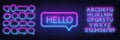 Neon gradient sign of word hello in speech bubble frame on dark background . Set of neon speech bubbles and the alphabet