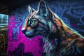 neon graffiti art, close-up, cyberpunk bobcat, futuristic and edgy