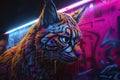 neon graffiti art, close-up, cyberpunk bobcat, futuristic and edgy