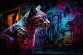 Neon graffiti art, close - up, cyberpunk cat. AI generated