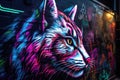 Neon graffiti art, close - up, cyberpunk cat. AI generated
