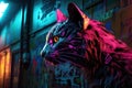 Neon graffiti art, close - up, cyberpunk cat. AI generated