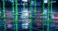 Neon Green Binary Code Falls on Wet Circuit Board, AI Data Flow Concept Royalty Free Stock Photo