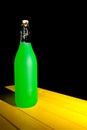 Neon green bottle on yellow table. Painterly fantasy still life