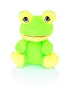 Neon Green Frog Plushie Toy Isolated On White Background With Shadow Reflection. Chartreuse Frog Doll Isolated On White Underlay.