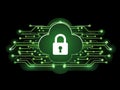 Neon green glowing cloud surrounded by digital circuitry, symbolizing cybersecurity, secure cloud networks, and futuristic data