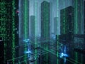 Neon Green Matrix Cityscape with Falling Binary Code and Futuristic Architecture digital technology Royalty Free Stock Photo