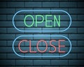 Neon green open and red close glowing signs in geometric shape on a brick wall background. Vector illustration