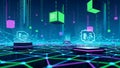 Neon green and pink elements highlight a network grid with interconnected nodes Royalty Free Stock Photo