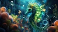 A neon green space seahorse floating amidst neon blue bubbles in a surreal space aquarium by AI generated