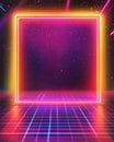 Neon grid backdrop with glowing frame ideal for retro vintage design elements and text Royalty Free Stock Photo