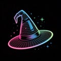 Neon Grid Witch Hat with Stars on Black Background Royalty Free Stock Photo