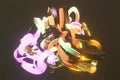 Neon grow lights, messy colorful string for design texture, background. 3D render.