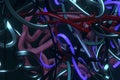 Neon grow lights, messy colorful string for design texture, background. 3D render.