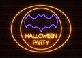 Neon Halloween Party sign light vector isolated on dark red brick wall. Night bat light decoration. Royalty Free Stock Photo