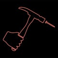 Neon hammer hits nail in hand claw holding Fixing and repairing working tools red color vector illustration image flat style Royalty Free Stock Photo