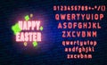 Neon happy easter typograpy. Night illuminated glowing handwritten sign. illustration on brick wall