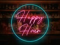 A neon happy Hour sign in front of a bar or pub. Slightly blurred bar or tavern background. Nightlife concept.