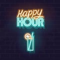 Neon happy hour signage. Glowing typography with alcohol drink glass on brick wall background. Isolated text for any Royalty Free Stock Photo