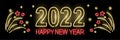 Neon 2022 Happy New Year banner and fireworks in red and golden colors isolated on black background. Winter holidays