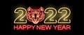 Neon 2022 Happy New Year Banner with tiger face on black background. Winter holidays, Chinese New Year, zodiac symbol