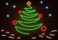 Neon Happy New Year light. Party sign light vector isolated on dark red brick wall. Christmas tree,