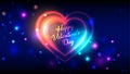 Neon happy valentines day vector greeting cards bright multi-colored heart shape on dark bokeh background Royalty Free Stock Photo