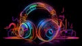 Neon headphones on black background. Music concept. Vector illustration.