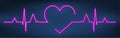 Neon heart beat with heart shape. Healthy electrocardiogram or ECG. One pulse line. Glow violet health cardiogram infographic.