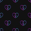 Seamless pattern with neon heart with genderqueer symbol on black background