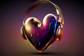 Neon Heart with headphones. Healing With Music , Music Therapy Concept