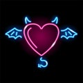 Neon heart with horns, wings and tail icon isolated on black background. Love, passion, demon, devil, Valentines Day