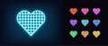 Neon heart icon. Glowing neon heart sign with checkered texture, amour shape