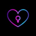 Neon heart with woman symbol on black background