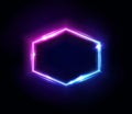 Neon hexagon frame or neon lights sign. Vector abstract background, tunnel, portal. Geometric glow outline hexagon shape or laser