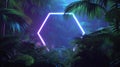 Neon hexagon shape glowing in a tropical jungle at night in 80s synthwave style. Generated AI Royalty Free Stock Photo