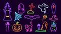 Neon holiday halloween set. Sinister purple bat and ghosts