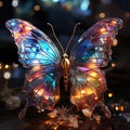 Neon holographic butterfly with a spectrum of colors on its wings