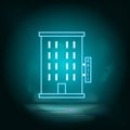 Neon, hotel building blue. Blue neon, Building vector icon. Vector background.