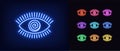 Neon hypnotic eye icon. Glowing neon eye sign with spiral iris, mesmeric vision