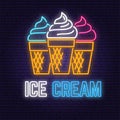 Neon ice cream retro sign on brick wall background. Design for cafe, restaurant. Vector. Neon design for pub or fast